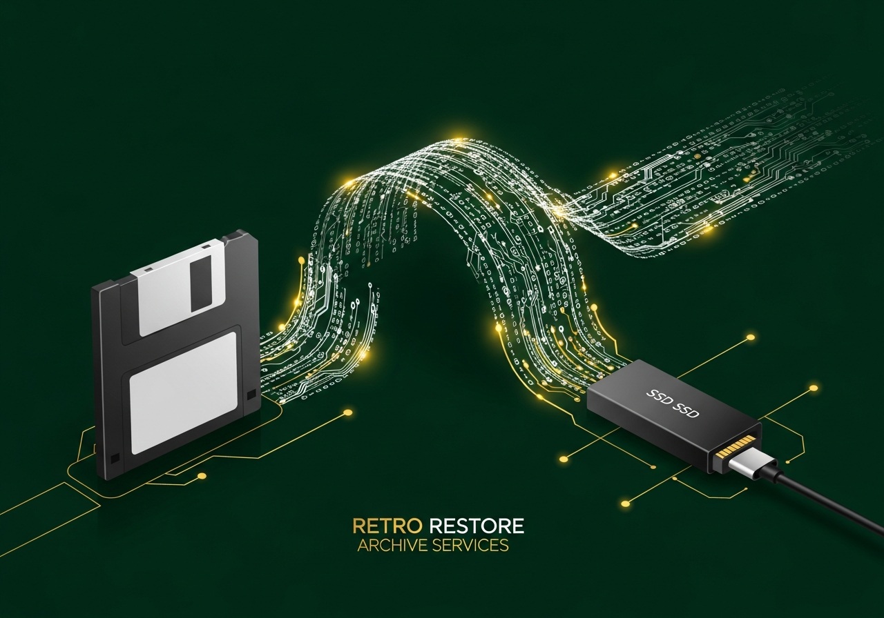 Illustration of data transfer from a floppy disk to a modern SSD